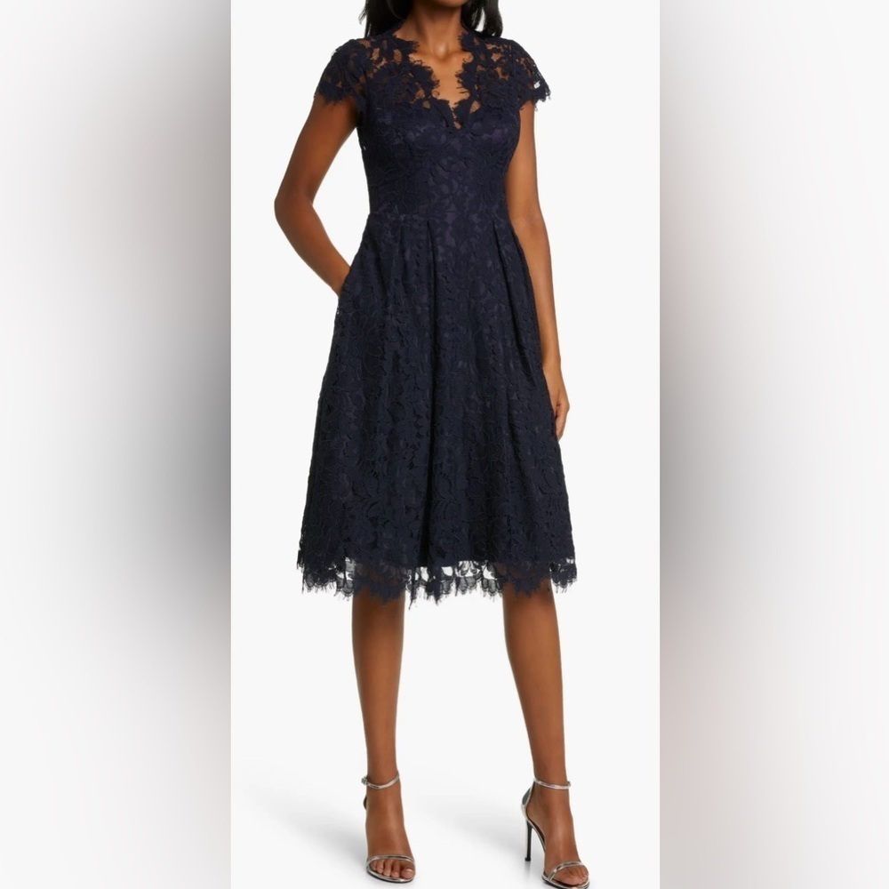 Eliza J Macy’s NWT Navy Eyelash Lace Fit & Flare Cocktail Evening Party Dress 8 - Picture 11 of 13